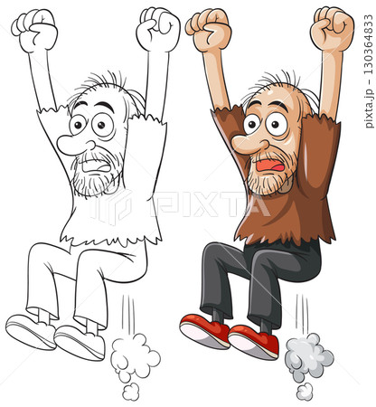 Cartoon Man Jumping in Surprise with Raised Arms 130364833