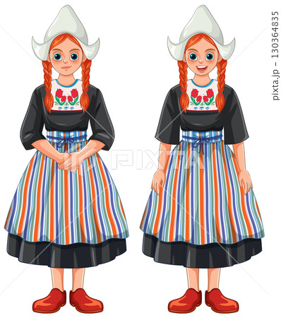 Dutch Girls in Traditional Folk Costume with Braided Hair 130364835