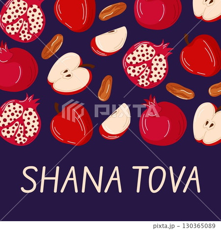 Shana Tova greeting card with traditional Jewish New Year Rosh Hashanah holiday food, pomegranate, apple, dates on purple background in flat style. Shana Tova greeting card with traditional Jewish New Year Rosh Hashanah holiday food, pomegranate, apple, dates on purple background in flat style. 130365089