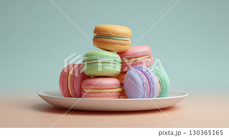 Colorful macarons stacked on a white plate against a pastel background, showcasing a variety of flavors and textures, perfect for dessert lovers and culinary enthusiasts 130365165