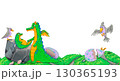 Green dragon with baby dragon, grey birds, cracked purple eggs and grass on stones. Watercolor illustration animal. Suitable for fantasy themes, postcards, posters, stickers and educational materials. 130365193