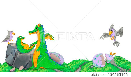 Green dragon with baby dragon, grey birds, cracked purple eggs and grass on stones. Watercolor illustration animal. Suitable for fantasy themes, postcards, posters, stickers and educational materials. 130365193