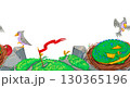 Green dragon sleeping in nest with red flag, grey birds, stones and grass on white background. Watercolor illustration fantasy animal. Suitable for fantasy themes, postcards, posters, stickers, decor. 130365196