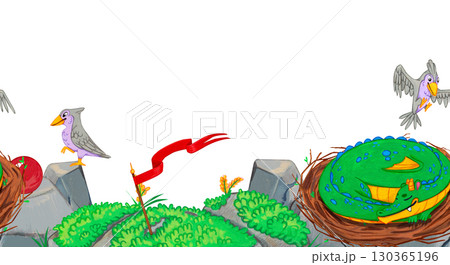 Green dragon sleeping in nest with red flag, grey birds, stones and grass on white background. Watercolor illustration fantasy animal. Suitable for fantasy themes, postcards, posters, stickers, decor. Green dragon sleeping in nest with red flag, grey birds, stones and grass on white background. Watercolor illustration fantasy animal. Suitable for fantasy themes, postcards, posters, stickers, decor. 130365196