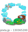 Frame with blue clouds, grey bird, green dragon sleeping near nest with purple egg on stones and grass. Watercolor illustration. Suitable for fantasy themes, postcards, posters, invitations. 130365200