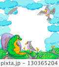 Frame with blue clouds, green dragon, grey birds, purple egg and grass on stones. Watercolor illustration. Suitable for fantasy themes, postcards, posters, invitations, stickers and decorative design. 130365204
