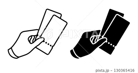 Linear icon. Spectator presents tickets to enter a concert circus performance. Simple black and white vector isolated on white background 130365416