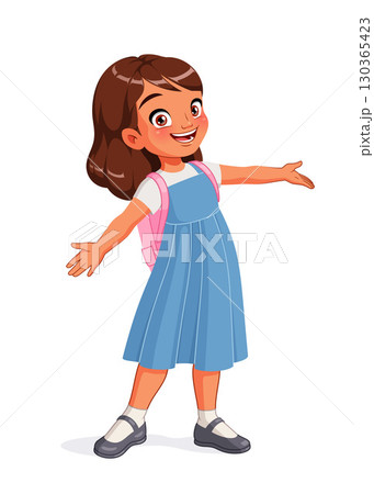 Happy cute Indian girl greeting with open arms. Cartoon vector illustration. 130365423