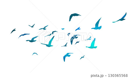 Flying birds blue silhouette flock. hand drawing. Not AI. Vector illustration 130365568
