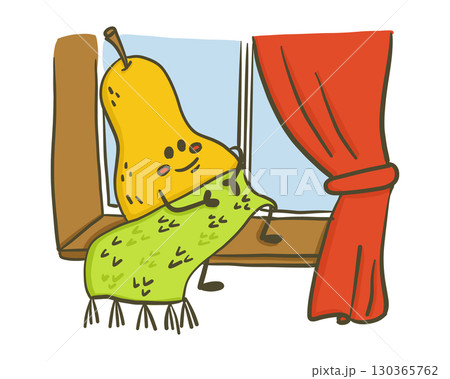 Cute pear character hugging a green blanket while sitting on a windowsill with red curtains 130365762
