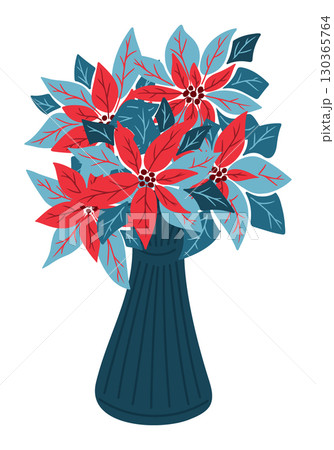 Bouquet of red and blue poinsettia flowers arranged in a dark blue vase in flat style 130365764