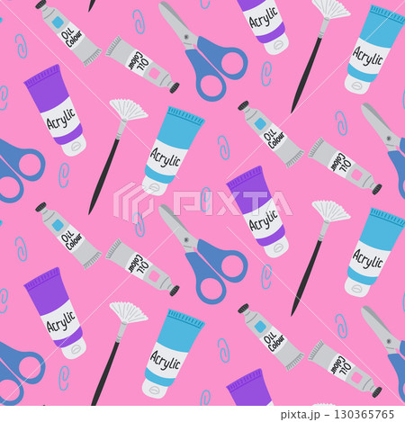 Seamless pattern with scissors, brushes, acrylic and oil paints on a pink background in a playful design 130365765