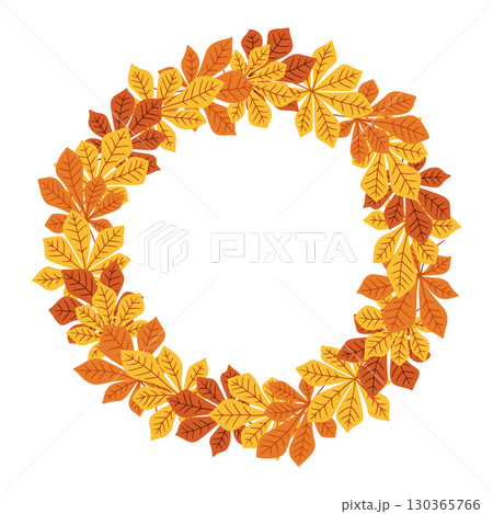 Round wreath made of chestnut leaves in warm autumn colors on a white background 130365766