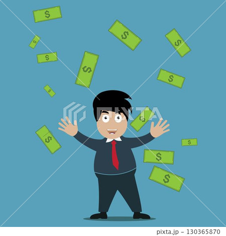 Cartoon Character Businessman Enjoying Money Rain 130365870