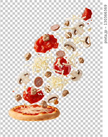 The delicious ingredients of the pizza float above the base, demonstrating freshness and dynamism. The image is ideal for menus, advertising, and website design. 130366369