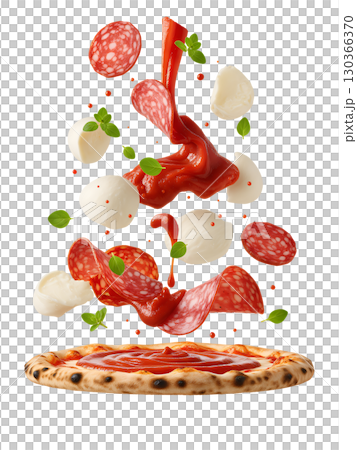 The delicious ingredients of the pizza float above the base, demonstrating freshness and dynamism. The image is ideal for menus, advertising, and website design. The delicious ingredients of the pizza float above the base, demonstrating freshness and dynamism. The image is ideal for menus, advertising, and website design. 130366370