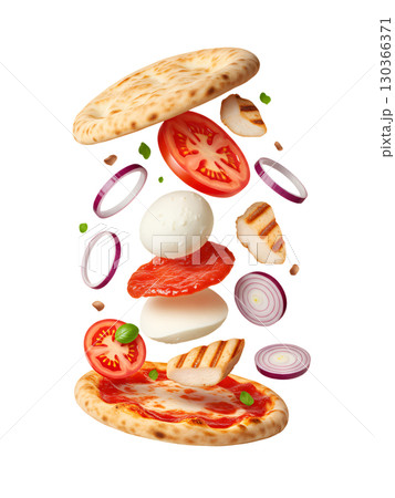The delicious ingredients of the pizza float above the base, demonstrating freshness and dynamism. The image is ideal for menus, advertising, and website design. The delicious ingredients of the pizza float above the base, demonstrating freshness and dynamism. The image is ideal for menus, advertising, and website design. 130366371