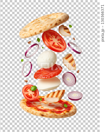 The delicious ingredients of the pizza float above the base, demonstrating freshness and dynamism. The image is ideal for menus, advertising, and website design. The delicious ingredients of the pizza float above the base, demonstrating freshness and dynamism. The image is ideal for menus, advertising, and website design. 130366371