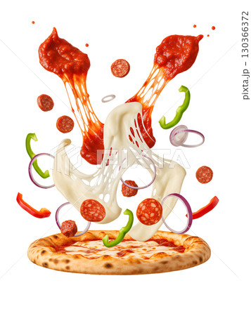 The delicious ingredients of the pizza float above the base, demonstrating freshness and dynamism. The image is ideal for menus, advertising, and website design. 130366372