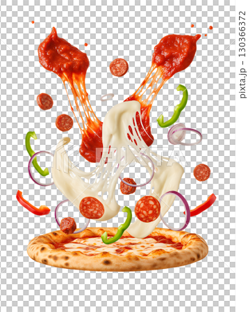 The delicious ingredients of the pizza float above the base, demonstrating freshness and dynamism. The image is ideal for menus, advertising, and website design. 130366372