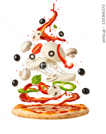 The delicious ingredients of the pizza float above the base, demonstrating freshness and dynamism. The image is ideal for menus, advertising, and website design. The delicious ingredients of the pizza float above the base, demonstrating freshness and dynamism. The image is ideal for menus, advertising, and website design. 130366373