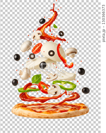 The delicious ingredients of the pizza float above the base, demonstrating freshness and dynamism. The image is ideal for menus, advertising, and website design. The delicious ingredients of the pizza float above the base, demonstrating freshness and dynamism. The image is ideal for menus, advertising, and website design. 130366373