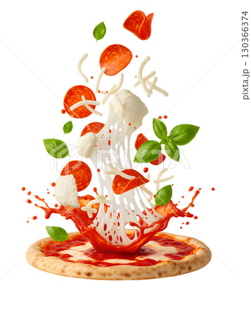 The delicious ingredients of the pizza float above the base, demonstrating freshness and dynamism. The image is ideal for menus, advertising, and website design. 130366374