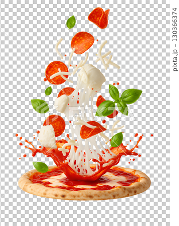 The delicious ingredients of the pizza float above the base, demonstrating freshness and dynamism. The image is ideal for menus, advertising, and website design. 130366374