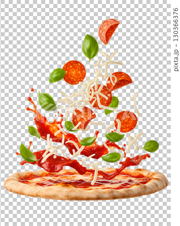 The delicious ingredients of the pizza float above the base, demonstrating freshness and dynamism. The image is ideal for menus, advertising, and website design. The delicious ingredients of the pizza float above the base, demonstrating freshness and dynamism. The image is ideal for menus, advertising, and website design. 130366376