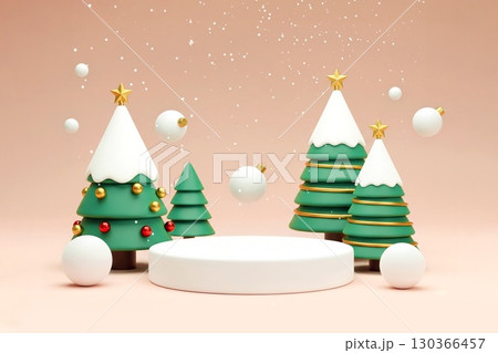 Christmas one white podium for products showcase, promotional sale on pastel pink background 130366457
