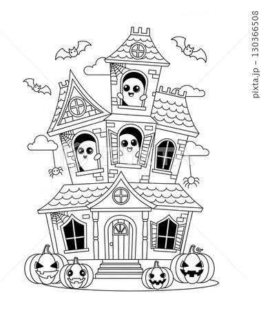 halloween haunted houseblack and white outline illustration. Coloring book for kids. 130366508