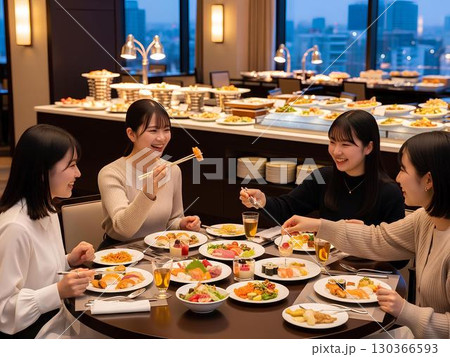 ホテルのレストランでバイキングを食べる女性 ホテルのレストランでバイキングを食べる女性 130366593