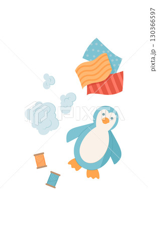Cute penguin character surrounded by colorful fabric and sewing supplies. Fun DIY activity for children and craft enthusiasts. Concept of crafting creative exploration in a flat style. Cute penguin character surrounded by colorful fabric and sewing supplies. Fun DIY activity for children and craft enthusiasts. Concept of crafting creative exploration in a flat style. 130366597