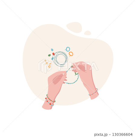 Woman's hands create a handmade bracelet using colorful beads and tools. DIY craft activity showcases hobby and creativity. Concept of craftwork, flat style, suitable for workshops or classes. 130366604