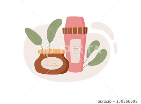 Cream and lotion in jar and bottle, showcasing skincare cosmetic products. Concept of beauty, bodycare, natural ingredients, flat cartoon graphic style, ideal for personal care product branding. 130366605
