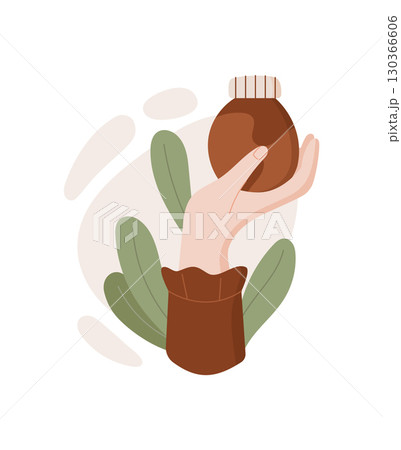 Hand holding a jar of organic lotion, showcasing beauty and cosmetic products. Concept of spa and bodycare, flat graphic style, suitable for skincare branding advertising. 130366606