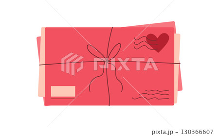 Cute heart and love card with envelope in pink color and romantic design. Flat message card perfect for Valentine's celebration, suitable for greeting or romantic invitations correspondence. 130366607