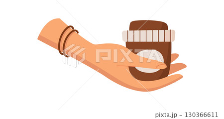 Minimal natural hygiene oil bottle in hand, organic cleansing cosmetic product jar, cartoon eco beauty lotion pack, trendy antiaging hair care cream tube, vector illustration. 130366611