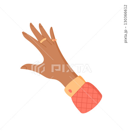 Hand of woman holding craft tool in a creative activity. Engaging in DIY craftwork with supplies and handmade elements. Concept of art and hobby, flat style, suitable for workshops or classes. 130366612