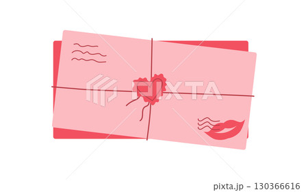 Flat valentine card with heart and love message, surrounded by envelope and mail detail. Cute design for romantic celebration, greeting or invitation. Perfect for sending love notes or letters. 130366616