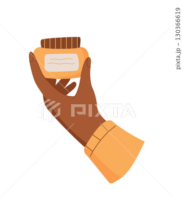 Isolated moisturizing makeup product jar in hand, colorful cartoon skincare cream pack, flat trendy cosmetic lotion bottle, antiaging cleansing hair care shampoo tube, vector illustration. 130366619