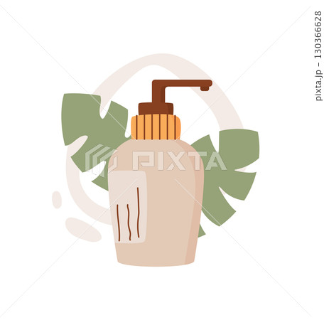 Simple cosmetic lotion bottle with pump, featuring cream and skincare product. Eco and organic packaging, colorful elements with plant details. Suitable for beauty, bodycare, hygiene themes. 130366628