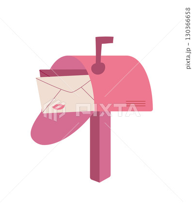 Happy cartoon mailbox holding an envelope with a love letter inside. The cute design features a heart theme, perfect for romantic messages and valentine celebration. Suitable for card or invitation 130366658