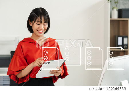 Online business contract Electronic signature, e-signing, digital document management, paperless office , working touch screen tablet. 130366786