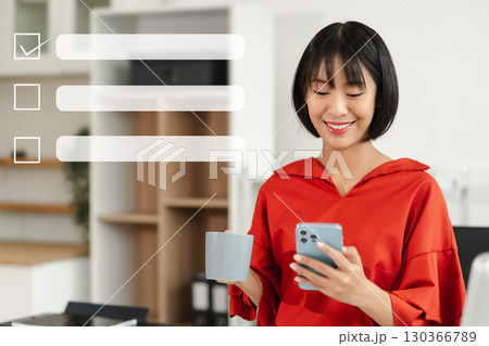 Businesswoman recording phone inquiry with checkboxes survey, doing assessment online survey answer test questions Digital form. 130366789