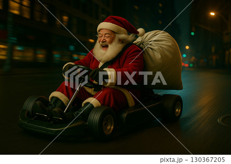 大都会の夜をレーシングカートで駆け抜けるサンタクロース 130367205