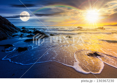 seascape on summer solstice at twilight. sea beach landscape beneath a sky with sun and moon. day and night time change concept. purity in nature. celebrating midsummer pagan holiday at the sea seascape on summer solstice at twilight. sea beach landscape beneath a sky with sun and moon. day and night time change concept. purity in nature. celebrating midsummer pagan holiday at the sea 130367230