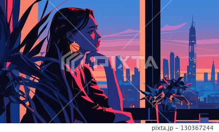 夕暮れ時に物憂げに窓外を眺める女性の姿を描いた1980年代シティポップ風イラスト、レトロな色彩 130367244