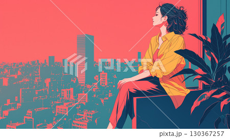1980年代レトロシティポップ風の夕暮れのイラスト、窓辺で外を見つめる女性が描かれるノスタルジック 130367257