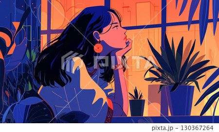 1980年代の都会的なムードを感じさせるシティポップイラスト、夕暮れ時に窓辺から外を見つめる女性 130367264